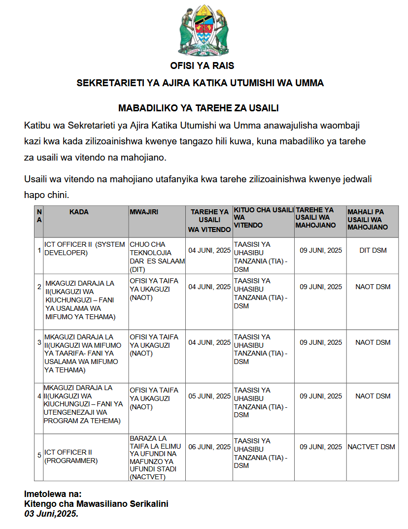 MABADILIKO YA TAREHE ZA USAILI