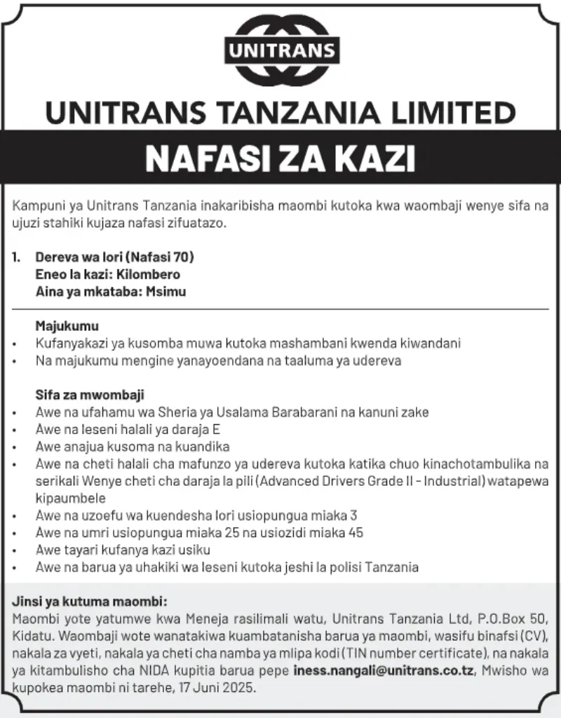 Opportunities at Unitrans Tanzania Limited